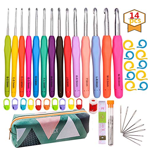 14 Pcs Crochet Hook Set Ergonomic Soft Grip Handles for Extreme Comfort Yarns Knitting Needles Kit with Case for Arthritic Hands 2mm(B) - 10mm(N) Extra Long Needles Knit