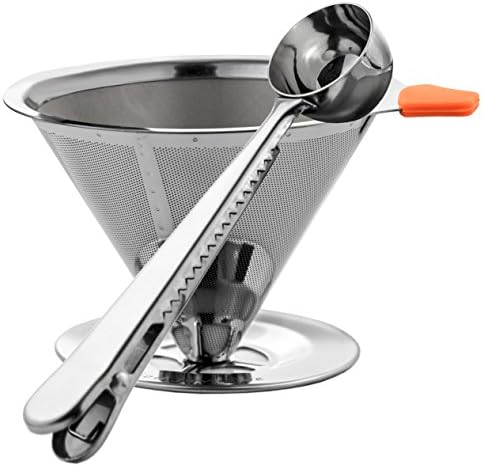 Wicked Java Joe 2 Cup Pour Over Coffee Dripper Makes Amazing Barista Quality Brew. Paperless, Reusable High Grade Stainless Steel Coffee Filter w/ Bonus Coffee Scoop &amp; Bag Clip - Orange Handle