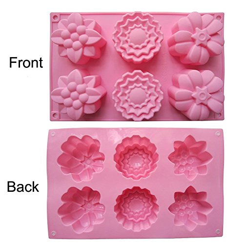 Kakasogo 2 PCS 6 Cavity Assorted Flower Shapes Silicone Soap Mold for Handmade DIY Cake Chocolate Cupcake Biscuit Bath Bomb Bread Muffin Candle Ice Cube Making Mould Tool Set(Pink and Purple)