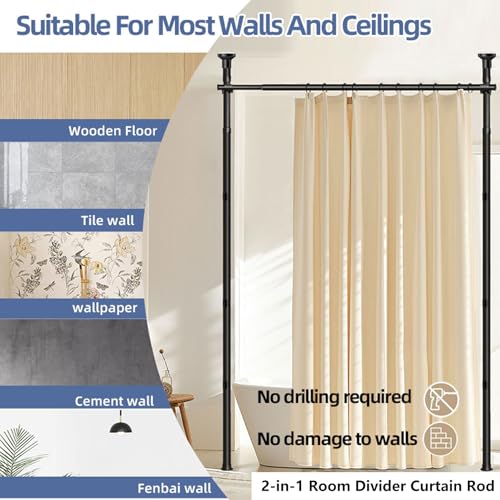 Black Room Divider Curtain Rod, Floor to Wall Ceiling Tension Separator Privacy Space Partition Rods, Heavy Duty No Drilling Room Separation Rods, Adjustable 120-300Cm(H), 70-175Cm(W)