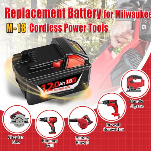 2PC 18V 12.0Ah Replacement for Milwaukee Battery, Compatible with Milwaukee m18 Battery 48-11-1815 48-11-1820 48-11-1840 18Volt Cordless Power Tools for DIY and Professional Tools (LED Indicator-2)