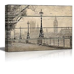London Landscape on Vintage Wood Textured Background Rustic Country Style