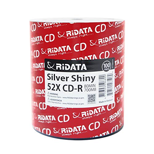 100 Pack Ridata CD-R 52X 700MB 80Min Silver Shiny Blank Media Recordable Disc