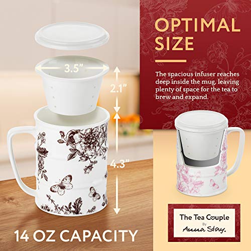 The Tea Couple Tea Infuser Mug (Set of 2) 14 oz.Vintage Porcelain Tea Cups with Ultra-Fine Mesh for Steeping - 2 ,Non-Slip Drink Coasters - Reusable Home & Office Drinkware (Vintage Butterfly) - Thumbnail 2