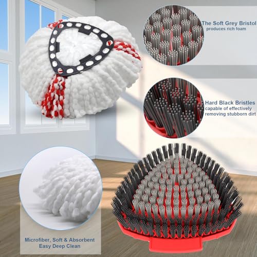Spin Mop Head Replacement Compatibility with Vileda All Turbo System, 2 Microfiber Mop Refill+1 Handle+1Base+1 Cleaning Brush Comb, Shower Floor Scrubbing Brush Replace Head Deck Scrubber