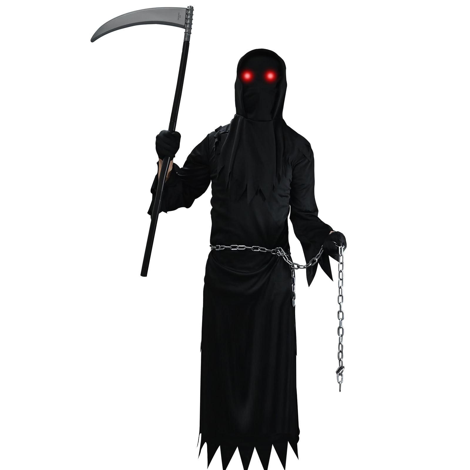 Faburo Grim Reaper Costume Kids Halloween Costumes for Kids Boys, 7 Pcs Halloween Hooded Cloak for Kids Set, Halloween Cosplay Costume Cloak with Glasses Scythe Chain Belt Halloween Costumes(Size M)
