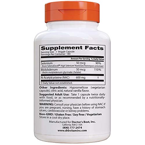 DOCTOR’S BEST NAC DETOX REGULATORS WITH SELENO EXCELL, NON-GMO, VEGETARIAN, GLUTEN&SOY FREE, 180 VEGGIE CAPS, 180COUNT