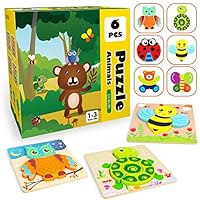 Toddler Puzzles, Wooden Jigsaw Animals Puzzles for 1 2 3 Year Old Girls Boys Toddlers, Educational Preschool Toys Gifts for Colors & Shapes Cognition Skill Learning