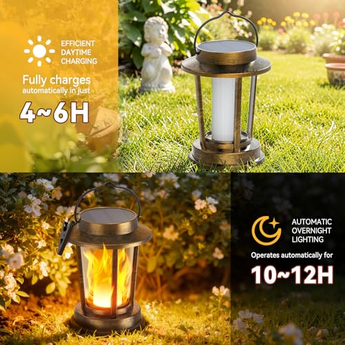 TuyLuxe Solar Lights for Outdoor Hanging/Standing, Solar Lanterns for Outdoor Warm White, IP65 Waterproof Retro Solar Lights, Garden Decoration with Clips for Outdoor Garden, 2 Pieces (Bronze, Flame