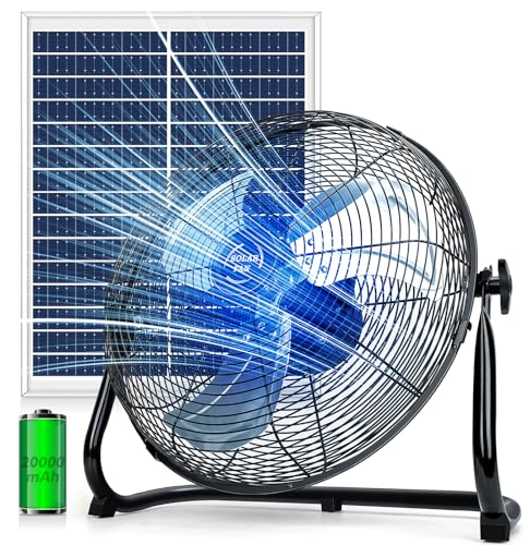 TonyEst 16'' Solar Powered Fan with 30W Solar Panel, Portable 20000mAh Battery Operated Outdoor Floor Fan for Camping, Home, Patio, Worksite - Stepless Speed, Metal Construction and Aluminum Blades