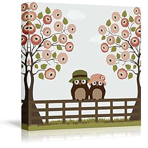 Canvas Prints Wall Art - Cute Owls with Tree Roses on a Fence - 12" x 12"