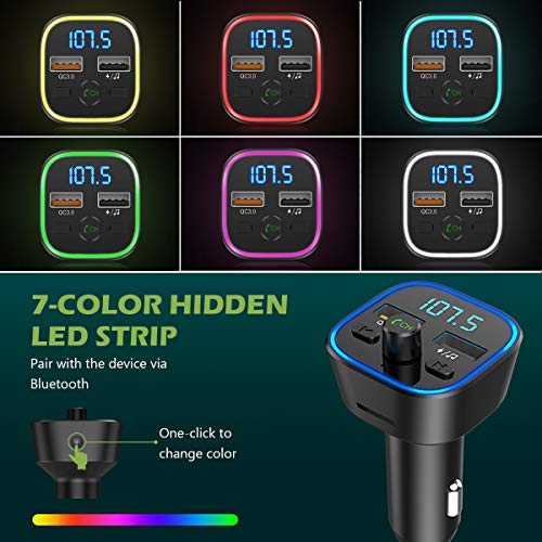 [2019 New] Bluetooth V5.0 FM Transmitter for Car, KeeKit Wireless Car Radio Adapter with Quick Charge 3.0, 7 Color RGB LED Backlit, Music Player Supports TF Card, USB Disk, Hands Free Car Kit - Black - Thumbnail 6