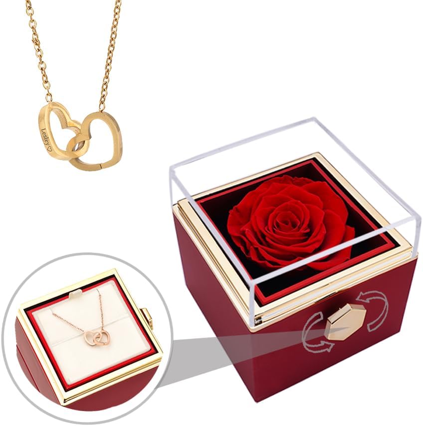 Dried & Preserved Flora - FabuLove Preserved Real Eternal Rose Rotating Gift Box Set With Heart-Shaped Necklace Included, Romantic Eternal Flower | Birthday, Mothers Day, Gifts for Women