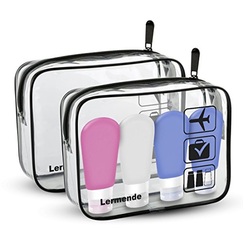 Lermende Clear Toiletry Bag TSA Approved Travel Carry On Airport Airline Compliant Bag Quart Sized 3-1-1 Kit Travel Luggage Pouch 2pcs/pack (Standard Size x2 & travel bottles4)