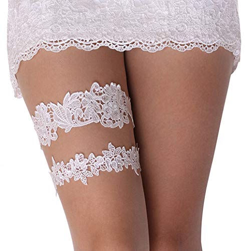 Wedding Garter Set Lace Garters Belt Bride Women White Blue Garter Size Optional (White, M 16 inches) - Thumbnail 7