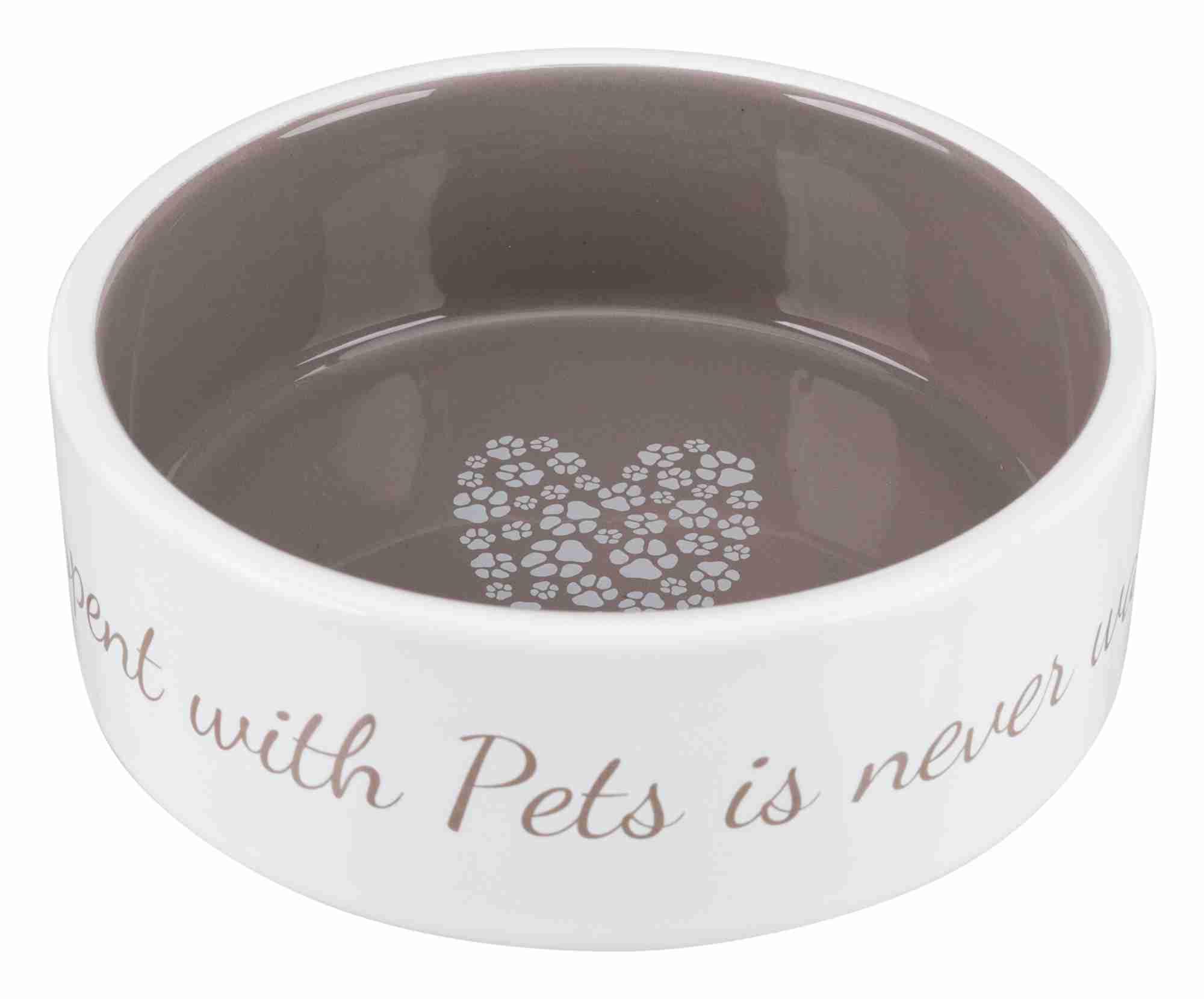 TRIXIE Pet's Home Ceramic Bowl – Food Bowl for Dogs & Cats – with Heart Motif – for Food, Water and Milk – Dishwasher Safe – 0.3 l/ø 12 cm – Cream/Taupe – 25053