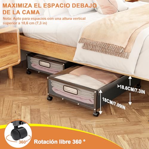 2Pcs Zapatera Bajo Cama con Ruedas, Caja de almacenamiento debajo de la cama con Asas Metálica y Tapa transparente, Organizador de Almacenamiento de Gran capacidad para guardar ropa、zapatos、edredones