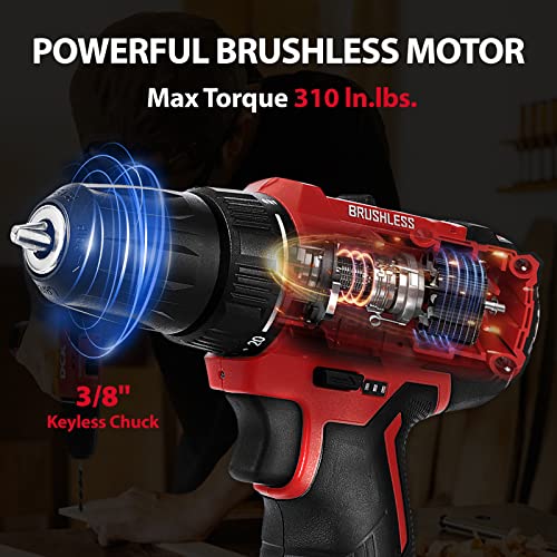 DCK Brushless Cordless Drill Set, 12V Cordless Drill with 2.0Ah Battery and Charger, 3/8’’ Keyless Chuck, 2 Variable Speeds, 20+1 Torque Power Tool Kit for Screw Wood/Ceramic/Tile/Metal (KDJZ23-10)