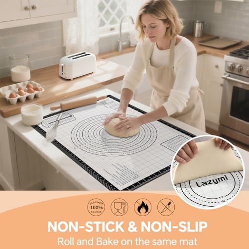 Lazymi Large Non-Stick Baking Mat, Silicone, Non-Slip Dough Mat, Rolling Mat, Silicone Mat, Baking Film, Baking Paper, Work Mat with Measurement 71 x 51 cm for Fondant, Pizza, Bread Mat, BPA Free