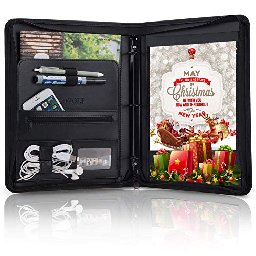 OOWOLF Padfolio Portfolio Folder, PU Leather Professional with Round Ring Binder 8.5 x 11 Inch Writing Pad Tablet Sleeve Interview Resume Document Organizer Business Card Holder Zippered Closure