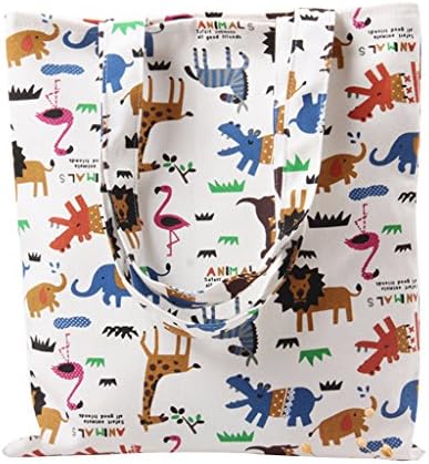 Yujiao Mao Cotton Linen Reusable Shopper Tote Bag Cartoon School Bags for Teenagers (12x14''/32x36cm, Zoo)