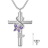 Flpruy Birthstone Butterfly Cross Urn Necklaces for Ashes White Gold Plated Sterling Silver Cremation Keepsake Necklace w/Funnel Filler Memorial Pendant for Ashes for Human Women Pet