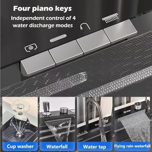 4 Water Outlet Modes Waterfall Kitchen LED Sink with Multifunctional Digital Display Faucet - Durable Stainless Steel Single Bowl Workstation Sink(Size: 80 * 45 * 22cm)
