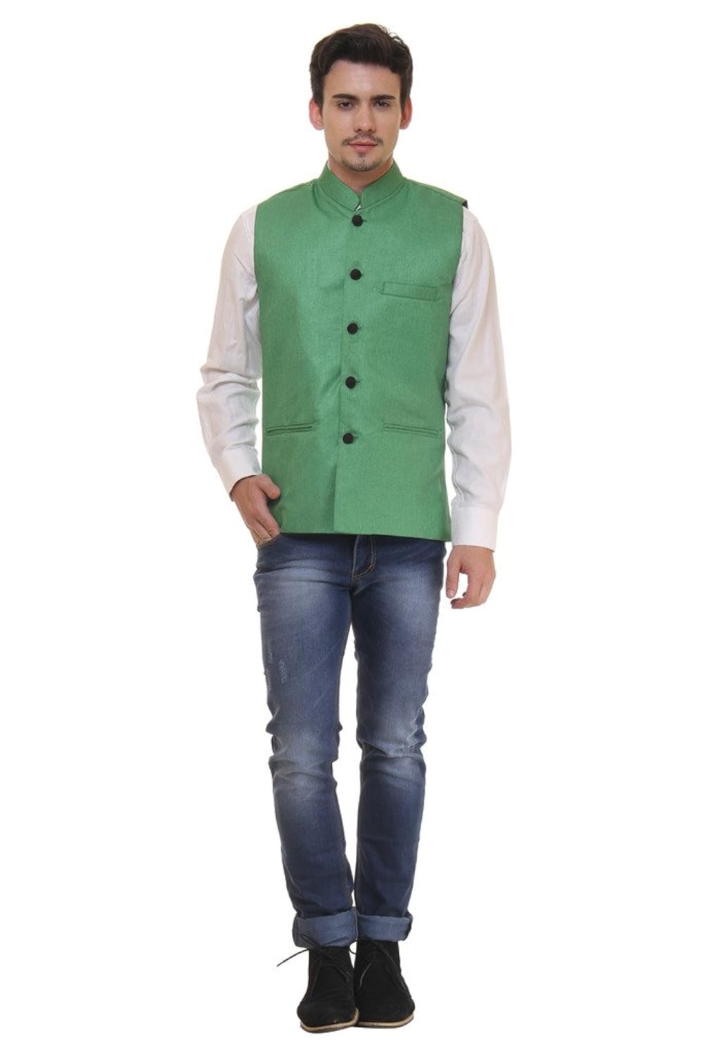 routeen green casual partywear ethnic nehru jackets for men