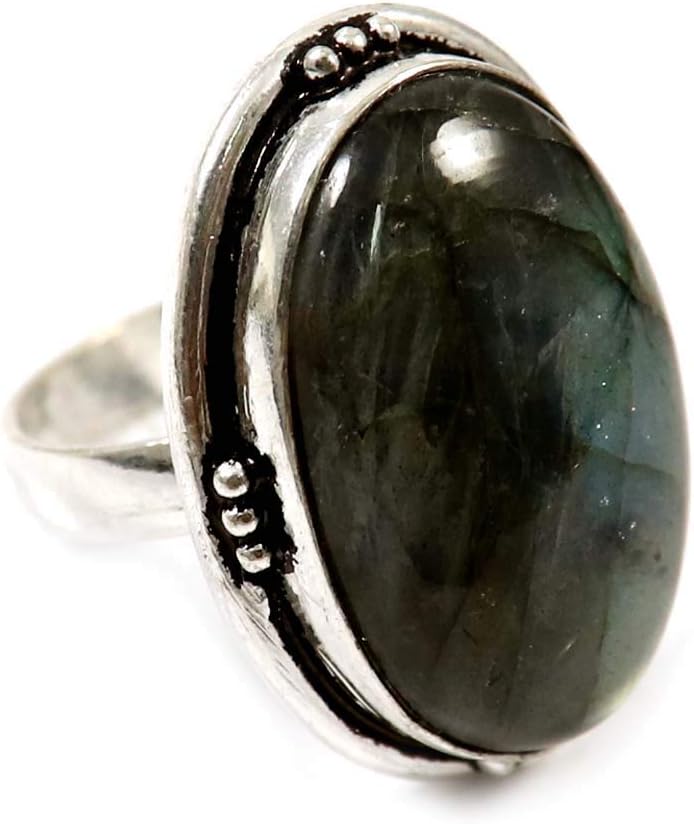 Natural Labradorite Gemstone Ring UK-M1/2 Silver Plated Jewelry GRD79