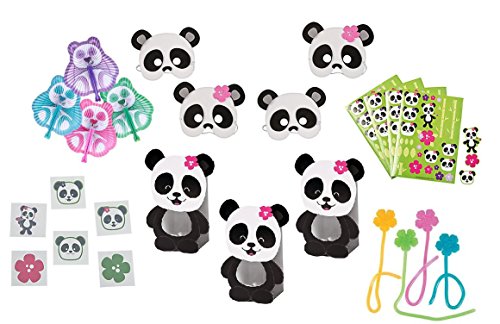 Panda Party Favor Set For 12 ( Mask, Mini- Treat Box, Stickers, Tattoos & Sticky Hibiscus/84 Piece)