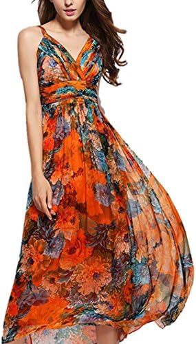GuBarBy 100% Silk Women Sexy Summer Bohemian Deep V-neck Strap Sleeveless Beach Long Maxi Dress Orange L