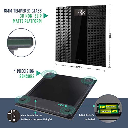 TopHomer Digital Body Weight Bathroom Scale with Step-On Technology, 400pounds, Large LCD Backlit Display and Low Battery Indication (black)-Durable Tempered Glass Weight Scale - Thumbnail 3