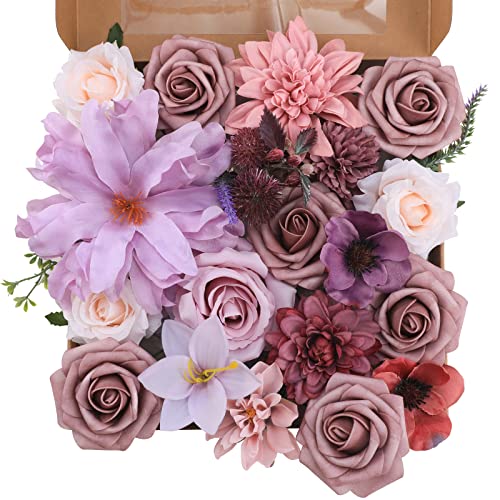 Garisey Artificial Flowers Combo for DIY Wedding Bouquets Combo Centerpieces Arrangements Party Bridal Baby Shower Home Decorations-Light Purple