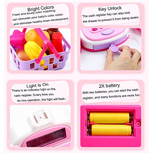 Fullfun Kids Supermarket Cash Register Toy with Basket Pretend Play Role-Playing Games Play Money Educational Girls Toys for Children