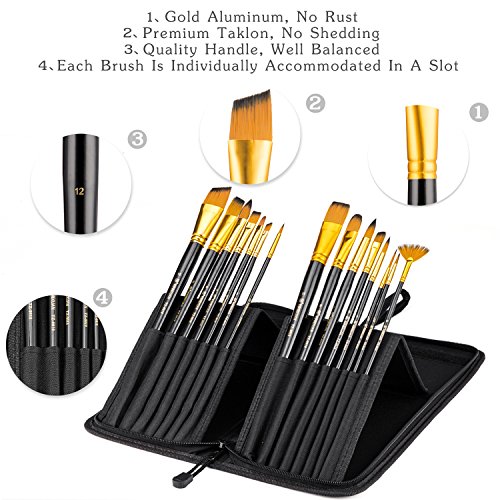 Art Paint Brush Set, UnityStar 15 PCS LONG HANDLE Artist Brushes with Carrying Case & Pop-up Stand for Acrylic Watercolor Oil Paint Face Painting