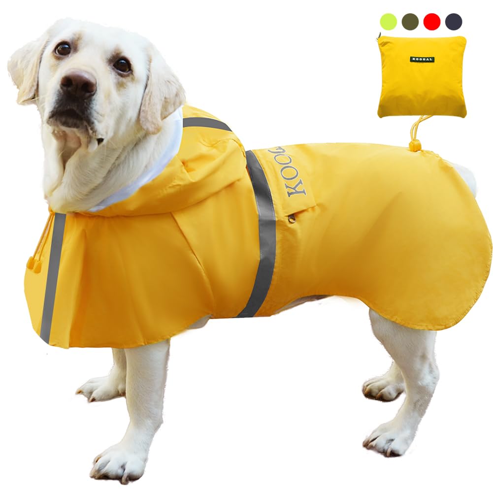 KOOGAL Waterproof Dog Raincoat with Hood Reflective with Leash Hole Adjustable Reflective Jacket Large Dog Rain Poncho Breathable and Lightweight for Medium and Large Dogs(Yellow, 4XL)