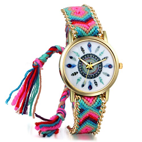 JewelryWe Handmade Braided Twelve Feather Dial Friendship Funny Watch Adjustable Band Ladies Quartz Watches