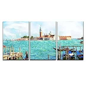 3 Piece Canvas Wall Art - Abstract Watercolor Digital Generated Painting of The Church - Modern Home Art Stretched and Framed Ready to Hang - 16"x24"x3 Panels