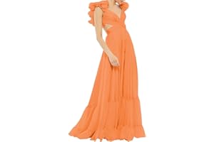 Lawrncedw Chiffon Ruffle Prom Dresses for Women V Neck Long Bridesmaid Dresses Backless Formal Evening Gowns A Line