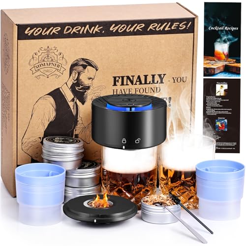 Electric Whiskey Cocktail Smoke Kit with 2 Glasses, 6 Flavors Wood Chips, 2 Ice Ball Molds, Bourbon Old Fashioned Drink Smoker Set, Gifts for Men Dad Husband Father, Built-in Lighter, No Butane Needed