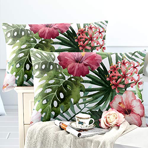 Tropical Rainforest Plant Duvet Cover Set Queen with Zipper Closure, Red Hibiscus Flower Pattern Printed Comforter Cover Bedding Sets with 2 Pillow Cases (Hibiscus,Queen)