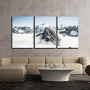 3 Piece Canvas Wall Art - Mountain Peak Surrounded by Cloud - Modern Home Art Stretched and Framed Ready to Hang - 16"x24"x3 Panels