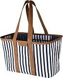 CleverMade 30L SnapBasket LUXE - Reusable Collapsible Durable Grocery Shopping Bag - Heavy Duty Large Structured Tote, Navy Striped