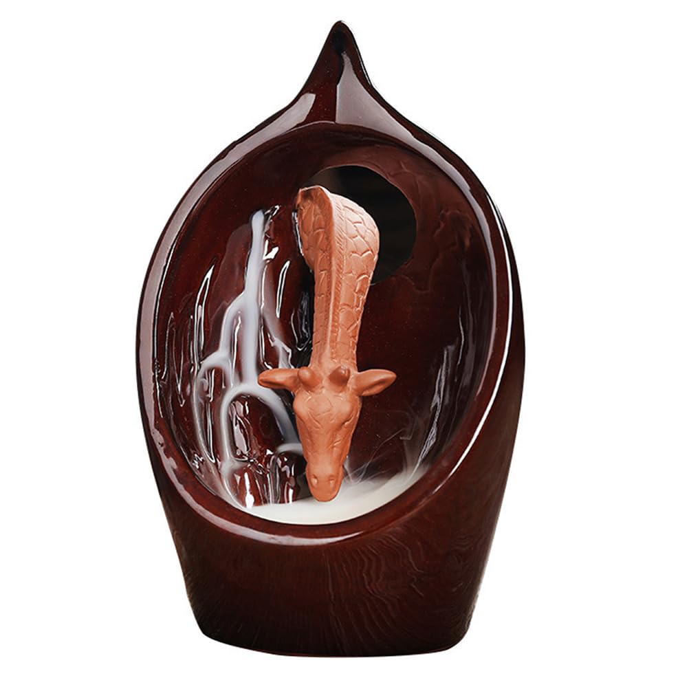 Giraffe Backflow Incense Burner Waterfall Incense Holder Ceramic Animal Smoke Cone Sticks Stand Trays Aroma Stove for Tea House Room Ornament Light Brown