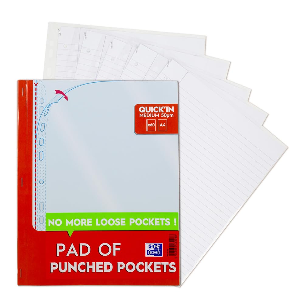 Oxford Tear-Out Pad of Poly Pockets, 60 A4 Punched Plastic Wallets, Heavy Duty