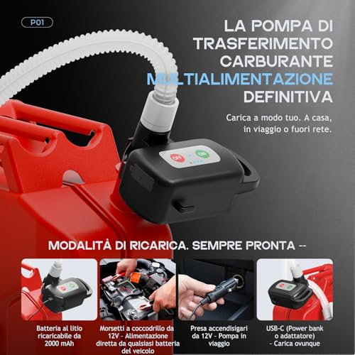 Pompa di trasferimento carburante portatile con sensore di auto-arresto, pompa diesel elettrica 12 L/min con batteria e cavo, pompa olio ricaricabile per taniche, serbatoi di carburante, tosaerba, ATV
