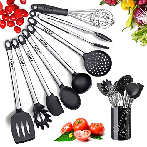 Tatufy Kitchen Utensils Set 9 Cooking Utensils Set, Silicone & Stainless Steel Spatula Set, Nonstick Non-Scratch And Heat Resistant Cookware Set With Holder, Great Kitchen Tools For Gift