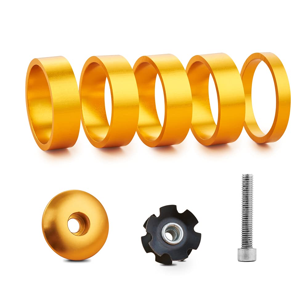 baluoqi Bicycle Headset Spacer 1-1/8 inch 28.6mm with Stem Top Cap(carbon fiber),Headset Star Nut and Long Titanium Bolt Aluminium Alloy MTB Road Bike Stem Headset Spacer(Yellow)