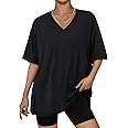 Trendy Queen Oversized Tshirts for Women Workout Plus Size Tops V Neck Short Sleeve Gym Shirts Casual Loose Fit Basic Tees