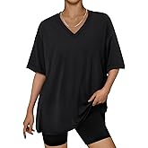 Trendy Queen Oversized Tshirts For Women Workout Plus Size Tops V Neck Short Sleeve Gym Shirts Casual Loose Fit Basic Tees